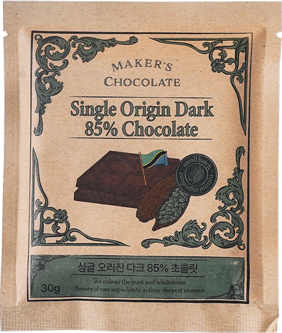 메이커스초콜릿 빈투바 수제 초콜릿 단품 30g 무첨가 카카오 저당 제로 발렌타인데이 선물 답례품, 싱글 오리진 다크 85, 1개
