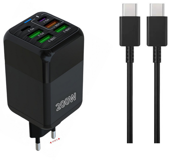 6in1 c타입 고속 충전기 200W 4USB+2PD3.0 + C TO C 1M 100w 케이블 세트, 1세트, 블랙
