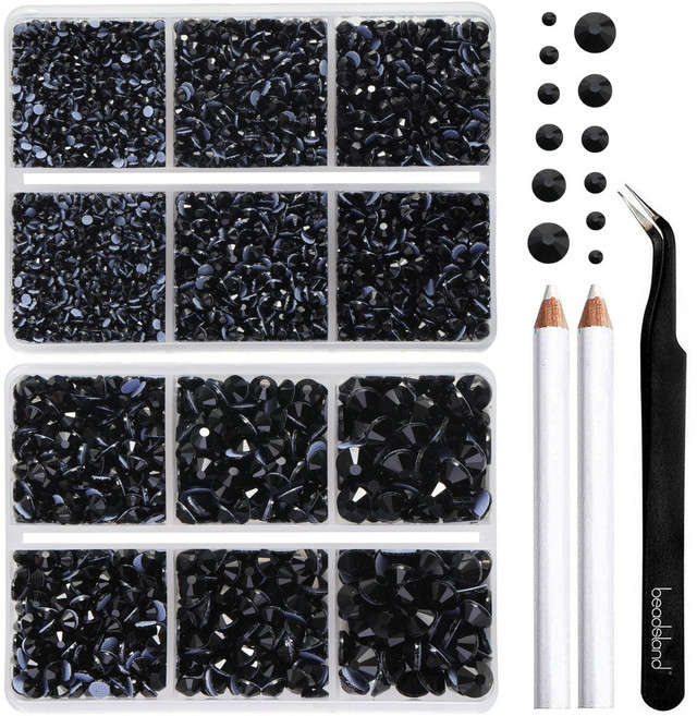 Beadsland(비즈랜드)핫픽스 라인석 옷 공예용 라인석 펜슬과 핀셋이 포함된 6가지 사이즈 혼합 키트, 6080개, 블랙