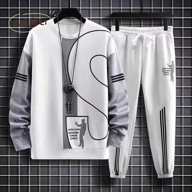 오스틱니 남성 봄가을 라운드넥 심플한 날염 빅사이즈 간절기 운동 세트 TZ08