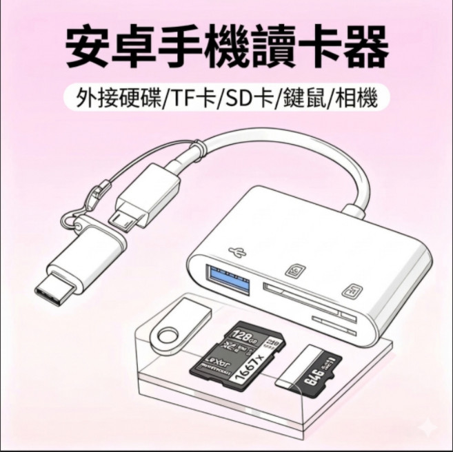 OTG 讀卡機 Type-C/USB 3.0 轉接器 支援 SD/TF/外接硬碟/隨身碟, 白色, 1個