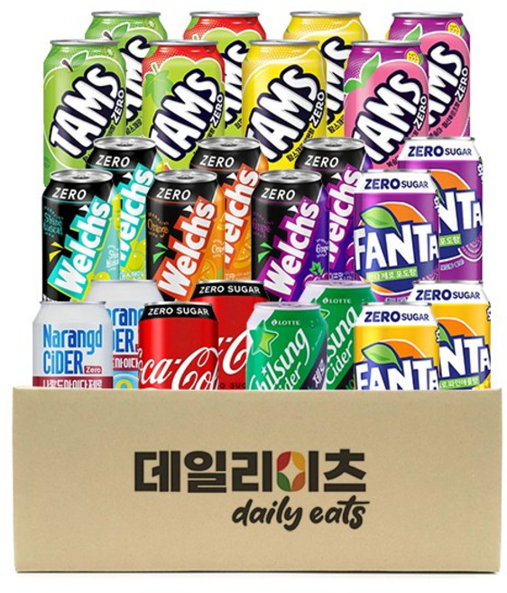 [데일리이츠] 제로칼로리 뚱캔 음료수 12종 24캔 믹스 세트(코카2+사이다2+나랑드2+환타파인2+환타포도2+웰치포도2+웰치오렌2+웰치샤인2+탐스사과2+레몬2+청포도2+복숭아2), 1세트, 355ml