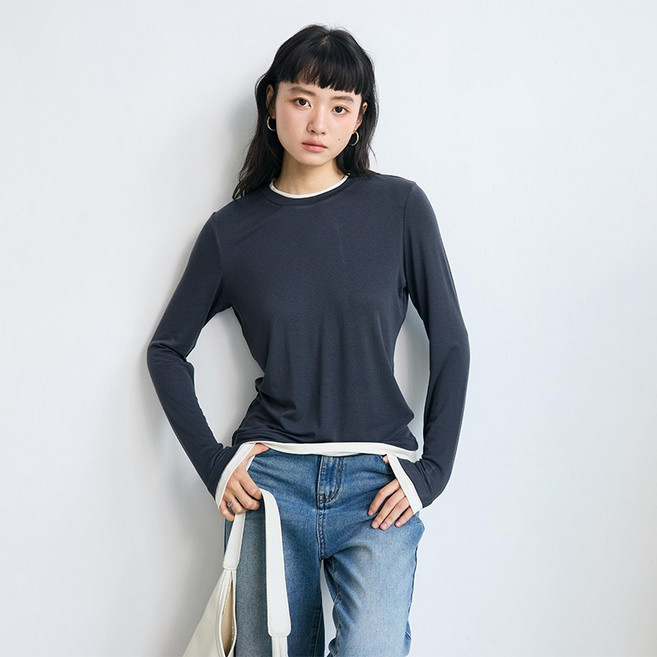 큰귀멍멍 여성 베이직 텐셀 울 레이어드 페이크투피스 라운드넥 긴팔 티셔츠