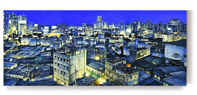 푸르게 덮인 온기 (Canvas Edition) 강지현 작가 추억이 가득한 도시 풍경이 담긴 대형 캔버스 인테리어 그림 액자, 246x100.2cm 캔버스