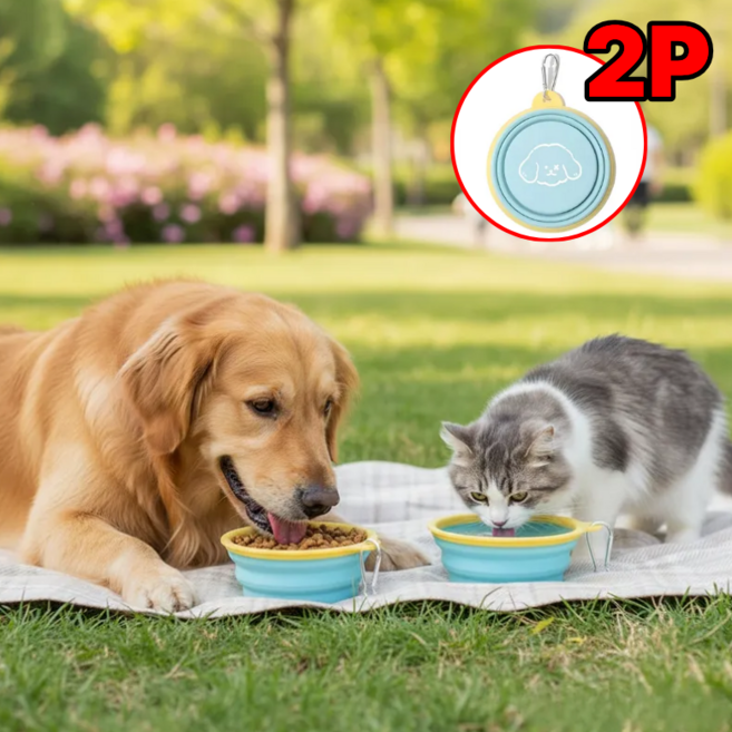 DUGN 반려동물 접이식 휴대용 실리콘 식기, 강아지 블루 옐로우, 2개