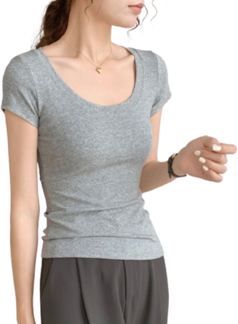 엘에프제트 여성 스퀘어넥 슬림골지 스판 면티 U넥 타이트 이너 반팔티셔츠 16046