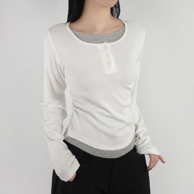 센시즌 비비 레이어드 배색 단추 여성 스판 데일리 긴팔티셔츠