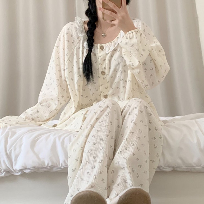 어나더뷰 2543 [긴팔반팔/2타입] 체리 허니 파자마 상하세트 레이스 프릴 반바지 긴바지 밴딩 사계절 홈웨어 잠옷