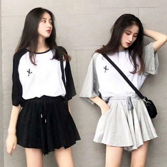 여자 캐주얼 밴딩 치마 바지 나그랑 티셔츠 코디 세트 여성 멜빵차머 귀여운 여자롱