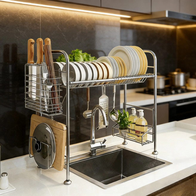 심플에이치 올스텐 식기건조대 녹슬지않는 주방 싱크대선반 자동배수 설거지정리대 올인원, 1개, 60cm, 1단