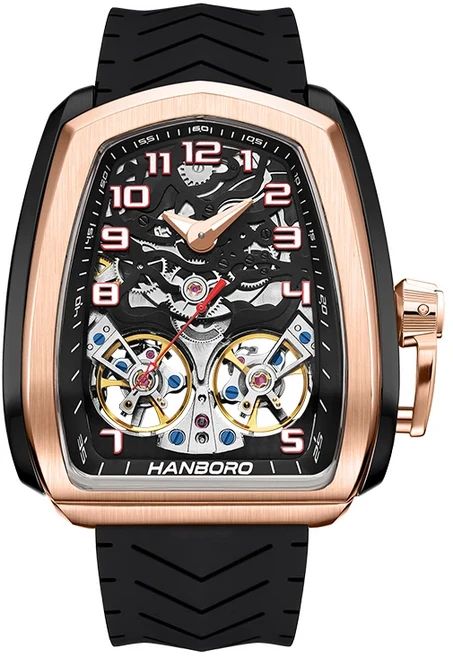 HANBORO 남성용 완전 자동 기계식 시계 속이 빈 손목 트렌드 방수 야광, 01 985-3