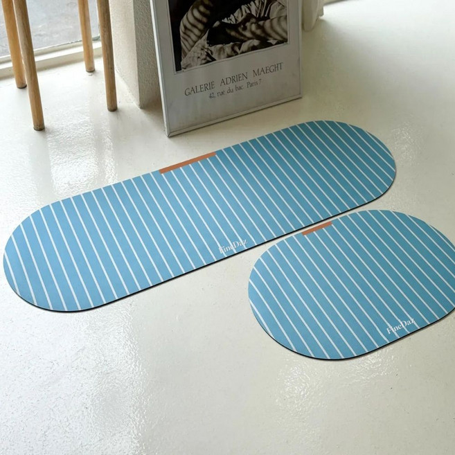 파인다즈 2종세트 모던 스트라이프 빨아쓰는 규조토 발매트, 1세트, 스카이블루