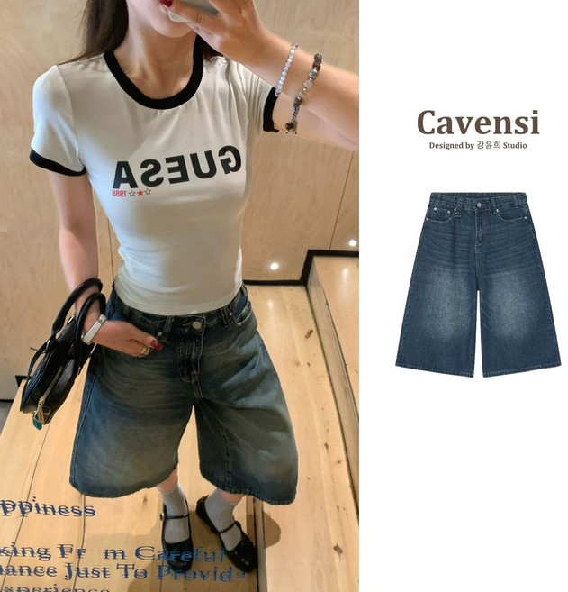 Cavensi 復古高腰寬鬆牛仔闊腿七分褲