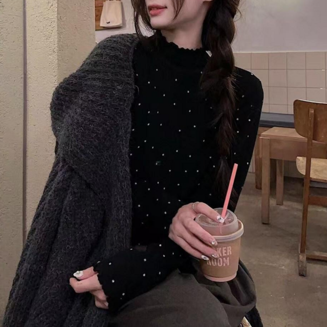 야오야오 도트 기모 물결 슬림핏 반폴라 티셔츠