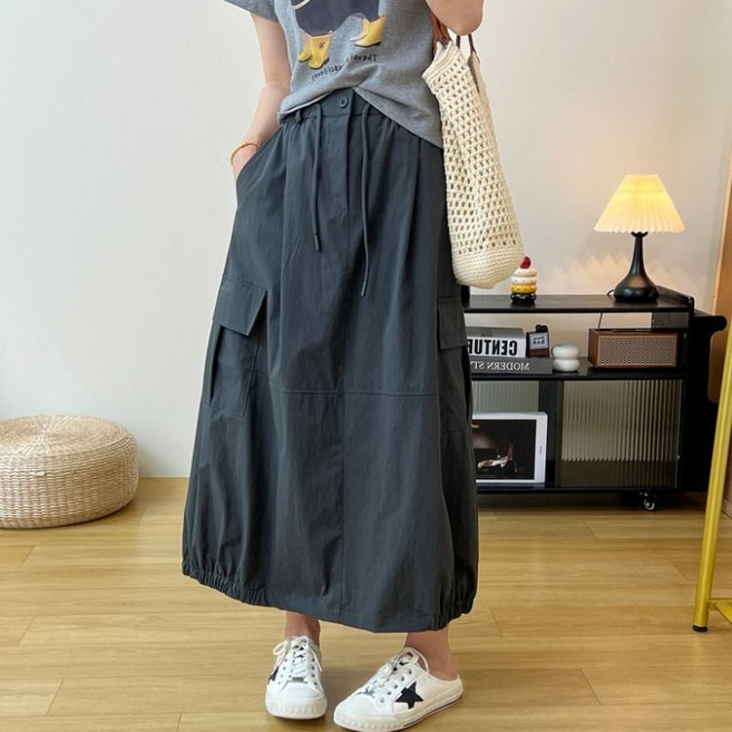 ORZQU 여성 카고 스커트 3color 빅포켓 스트링 밴딩 캐주얼 빅사이즈 A라인 롱 스커트