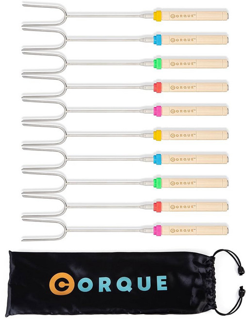 CORQUE 마시멜로 로스팅 스틱 스모어 확장 가능 화덕용 캠핑 꼬치 나무 손잡이 BBQ 핫도그 요리 캠프파이어 모닥불용 81.3cm(32인치) 금속 8개 세트, Premium-10PK