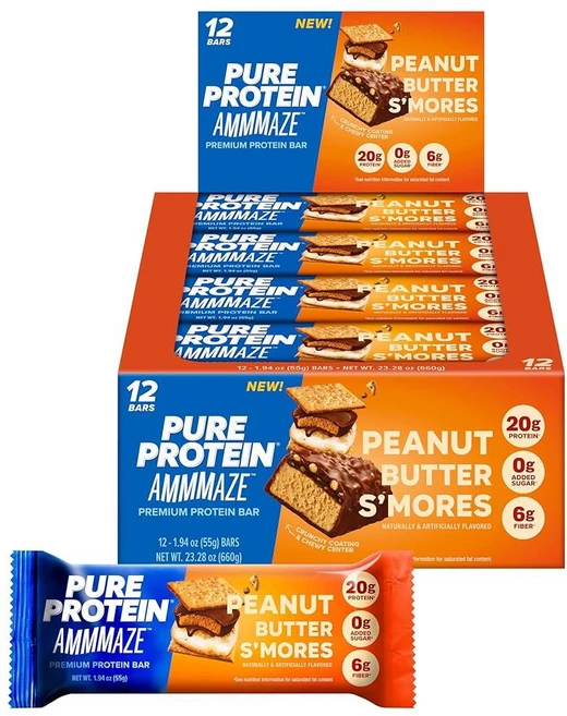 Pure Protein AMMMAZE 블랙아웃 케이크 단백질 바 12개 - 단백질 20g 섬유질 3g 설탕 무첨가 - 초콜릿 식사 대체품 - 이동 중 간식, Peanut Butter S'mores - 쿠팡