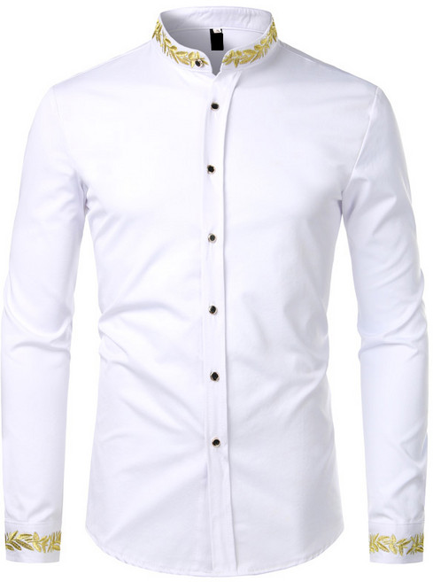 블랙 골드 자수 셔츠 남성 2022 봄 신사복 드레스 셔츠 스탠드 칼라 버튼 업 셔츠 Chemise Homme Camisa Masculina