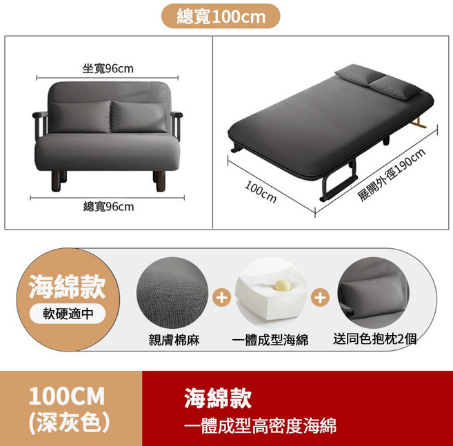 100CM 寬版海綿款沙發床，一體成形高密度海綿，可展開190cm，附贈抱枕2個, （100cm）深灰色-送2抱枕