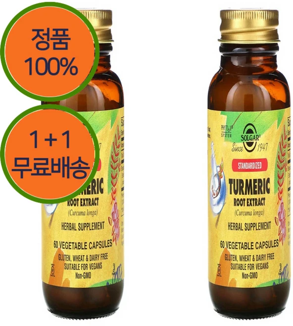 1+1 솔가 터메릭 강황 심황 롱가 뿌리 추출물 400mg 60캡슐 커큐민 함유, 1개, 60정 - 쿠팡