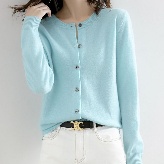 ROYALBELLE 여성 라운드넥 버튼 여밈 루즈핏 긴팔 깔끔한 니트 숏 가디건 T06010601