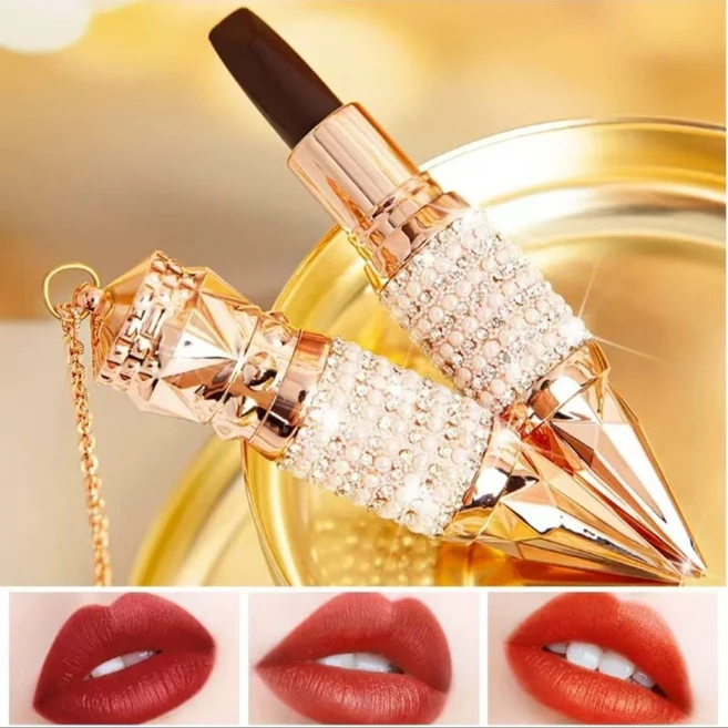 MACKANDY 여왕지팡이봉 다이아몬드 컷팅 실키매트 보습 워터프루프 지속력 최강 컵자국 남지 않는 3면3색 목걸이형 립스틱, 1개, 4g, 멀티컬러 - 쿠팡