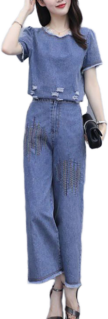 셀럽당 여성 세트 데님 와이드 팬츠+반팔 상의 캐주얼 투피스