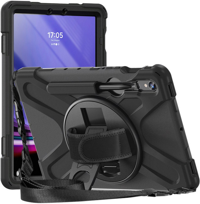 갤럭시탭 S10라이트/S10FE/S9FE/S9/S8/S7 라운드 아머 케이스 거치대 회전 범퍼 스트랩, 블랙 (어깨끈포함)