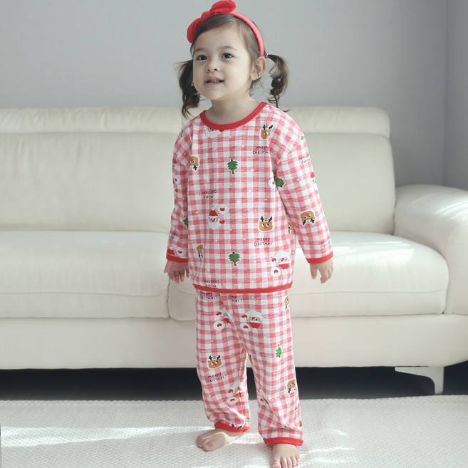 잼베이비 유아동 9부 파자마세트 (슬럽체크산타) 편면 봄 가을 크리스마스통넓은 편안한 잠옷