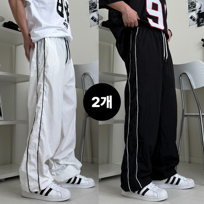 1+1 르위 와이드 나일론 트레이닝팬츠 스트링 사이드라인 삥줄 밴딩 조거바지