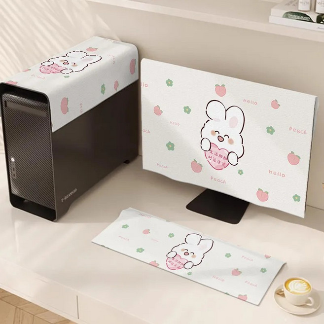 다양ST 에스티 먼지커버 모니터용 + 본체용 + 키보드용 먼지 커버 세트 컴퓨터 데스크톱 먼지 방지 천 보호 3pc, 토끼