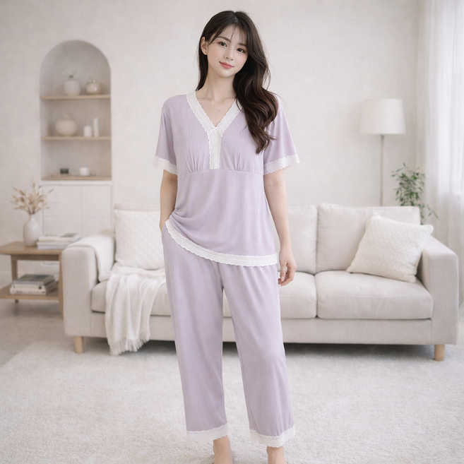 두리안나 V넥 레이스 홈웨어 세트(캡내장)