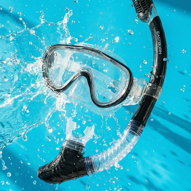 이스트본 강화유리 스노클링 마스크 스노클 세트 초보자용, 블랙