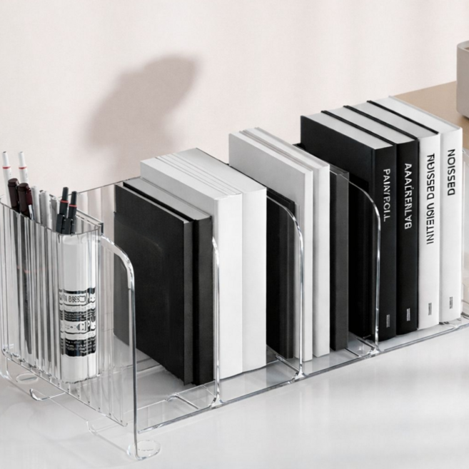 인즈홈 사무용품 수납 가능한 펜꽂이겸 칸막이 책꽂이, 투명