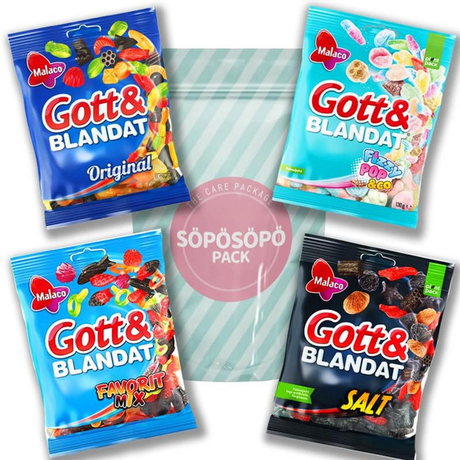 Malaco Gott & Blandat 젤리 감초 세트 4가지 맛 팩 - 츄이 - 살미아키 - 젤리 캔디 - 스위트 캔디 박스 - 스웨덴 소포포 박스 (총 4개 품목) SÖP, 1개