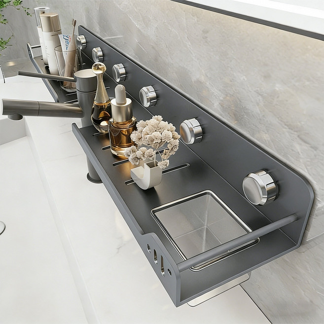 Leesheer 무타공 세면대 선반 욕실 선반 다기능 흡착식 일자형 화장실 선반, 1개, 그레이