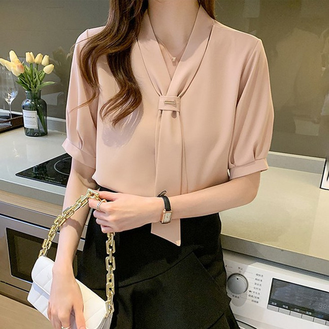 스타일아유 여름 브이넥 타이 비즈 반팔 블라우스 여자 상의 여름 오피스룩 셔츠