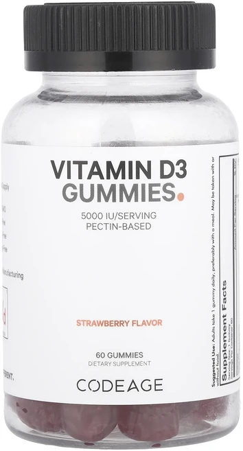 Codeage 비타민D3 구미젤리 딸기 맛 5000IU 구미젤리 60개, Codeage비타민D3구미젤리딸기맛5000IU구미젤리6, 60정 - 쿠팡