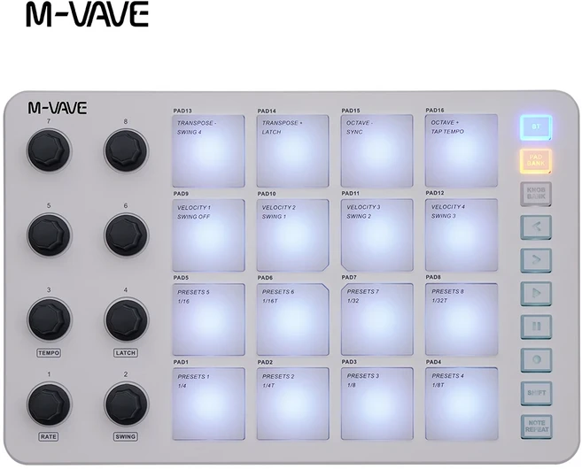 M-VAVE SMC-PAD 런치 패드 USB-C 인터페이스 휴대용 디자인 소형 무선 MIDI 컨트롤러 타악기 키보드에 적합, 02 PAD-White-MV