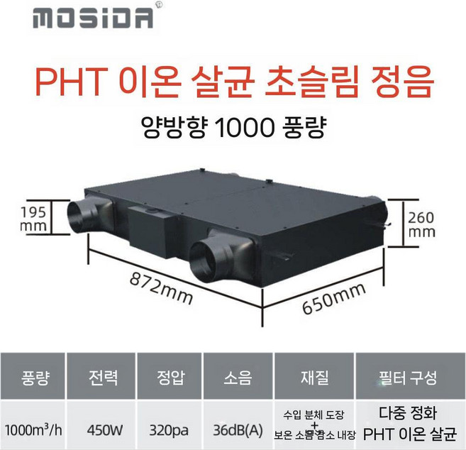 천장 환기구 공기 환기팬 양방향 환기 배기 통풍구, 양방향 흐름 이온 1000 풍량