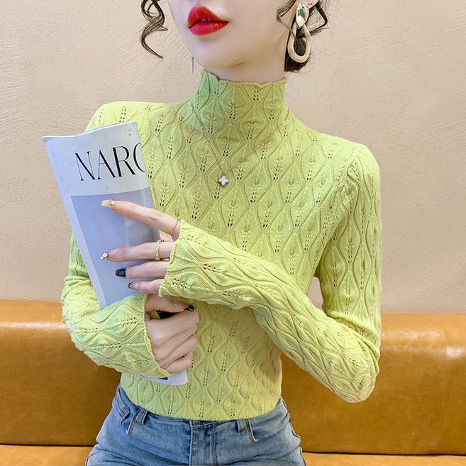 봄 가을 여성 목폴라티 슬림핏 니트 긴팔티 반폴라 이너 티셔츠 캐주얼 여자 얇은 긴팔 티셔츠 YJW