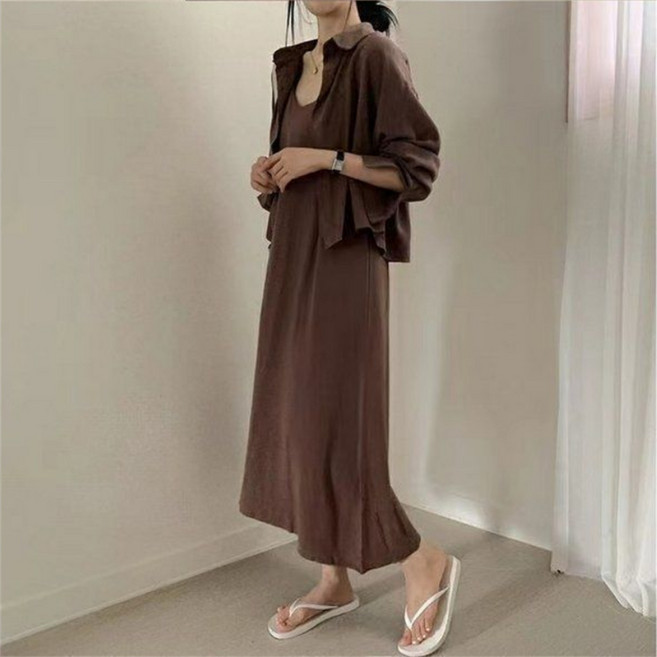 Vezri 여성용 간절기 심플 롱 원피스+ 셔츠 봄가을 캐주얼 세트