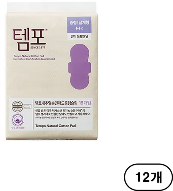 템포 내추럴 순면패드 생리대 날개형, 중형, 16개입, 12개