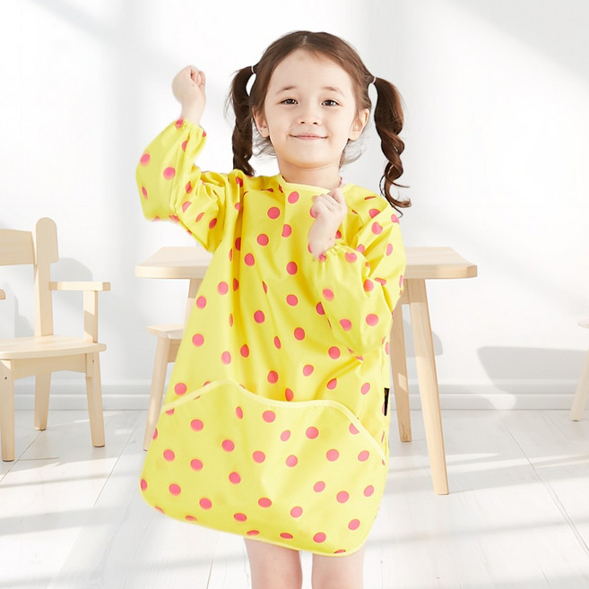 엘리몽 긴소매 유아 미술가운 앞치마, 옐로바탕핑크도트