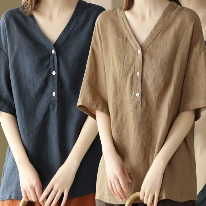 여성 면마 반팔티 브이넥 셔츠 루즈핏 린넨 남방 빅사이즈 쿨링티셔츠
