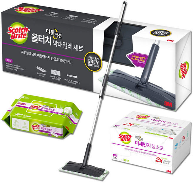 3M 스카치브라이트 올터치 더블액션 막대걸레 표준형 + 점착식 청소포 32매 + 물걸레 청소포 12매 세트, 1세트