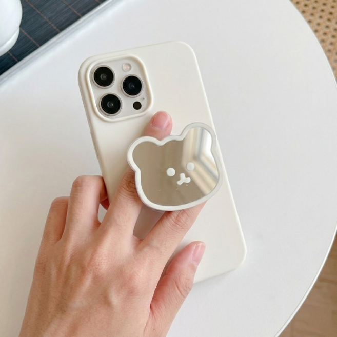 리브온 곰돌이 거울 스마트폰 거치대 접이식 휴대폰 스마트톡, 1개, 화이트