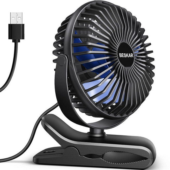 클립 온 데스크 팬 3단속 USB 전원 초저소음 소형 클램프 포함 재배 텐트 침대 사무실 기숙사 침실 유모차용, 블랙