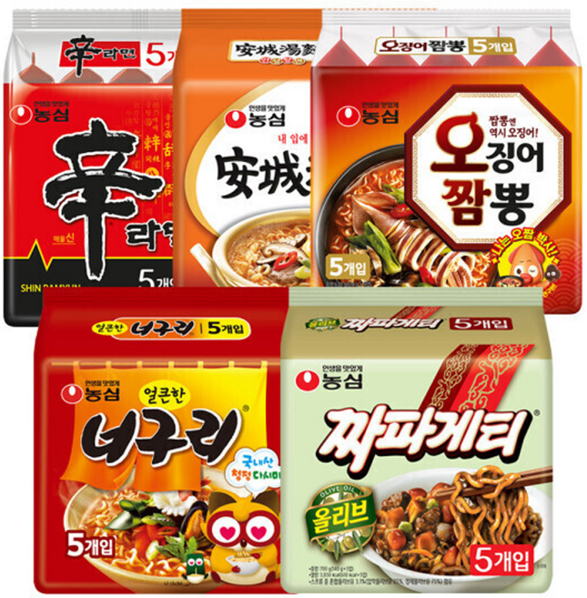 [세트상품] 신라면 5입+안성탕면 5입+너구리 5입+짜파게티 5입+오징어짬뽕 5입 (총25봉), 1