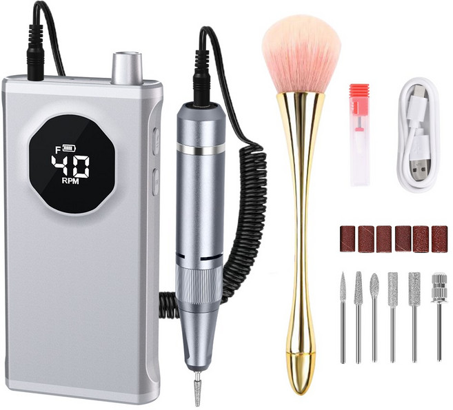 LOMESO 네일드릴기 전동 네일 머신 손톱 관리기 셀프 홈케어 젤네일드릴 전문 폴리셔, 그레이, 1개